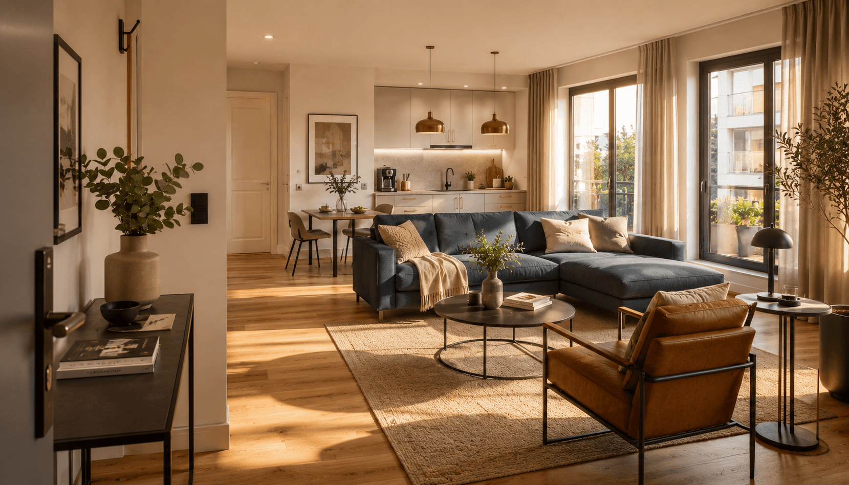 gooodstay Serviced Apartment — Eingangs- und Wohnbereich mit warmem Tageslicht (KI-generierte Visualisierung)