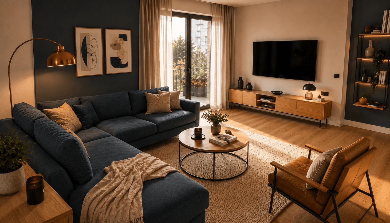 Wohnzimmer mit gemütlichem Sofa und Tageslicht (KI-generierte Visualisierung)